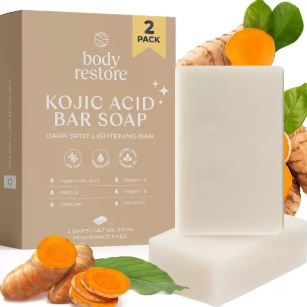 Body Restore Kojic Acid Soap Grapefruit 2 Pack with Vitamin CE Shea Butter Collagen Hyaluronic Acid Turmeric Retinol For Dark Spots All Natural Soap Bar Paraben FreeFragrance Free