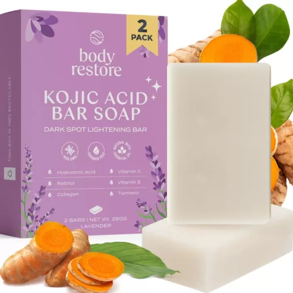 Body Restore Kojic Acid Soap Peppermint 2 Pack with Vitamin CE Shea Butter Collagen Hyaluronic Acid Turmeric Retinol For Dark Spots All Natural Soap Bar Paraben FreeLavender