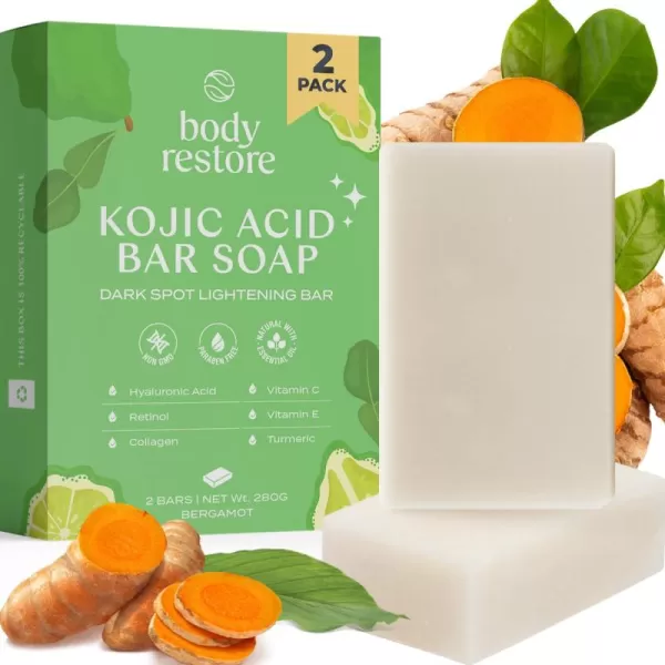 Body Restore Kojic Acid Soap Peppermint 2 Pack with Vitamin CE Shea Butter Collagen Hyaluronic Acid Turmeric Retinol For Dark Spots All Natural Soap Bar Paraben FreeBergamot