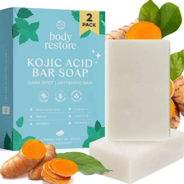 Body Restore Kojic Acid Soap Peppermint 2 Pack with Vitamin CE Shea Butter Collagen Hyaluronic Acid Turmeric Retinol For Dark Spots All Natural Soap Bar Paraben FreePeppermint