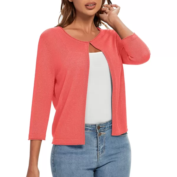 Urban CoCo Womens 34 Sleeve Open Front Shrugs Lightweight Crew Neck Cardigan SweaterCoral