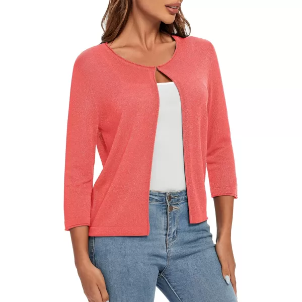 Urban CoCo Womens 34 Sleeve Open Front Shrugs Lightweight Crew Neck Cardigan SweaterCoral