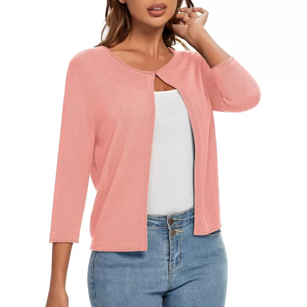 Urban CoCo Womens 34 Sleeve Open Front Shrugs Lightweight Crew Neck Cardigan SweaterPink