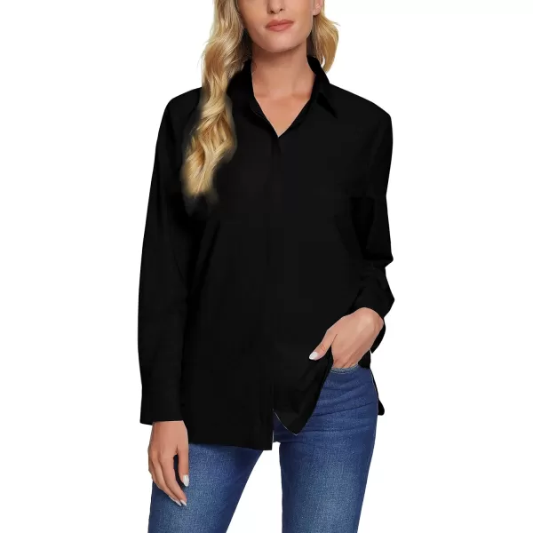 Urban CoCo Womens Button Down V Neck Shirts Long Sleeve Office Casual Business Plain Blouses TopsBlack