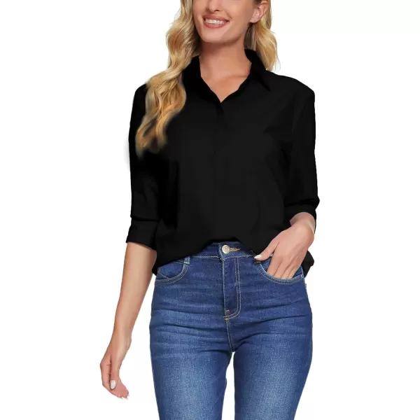 Urban CoCo Womens Button Down V Neck Shirts Long Sleeve Office Casual Business Plain Blouses TopsBlack