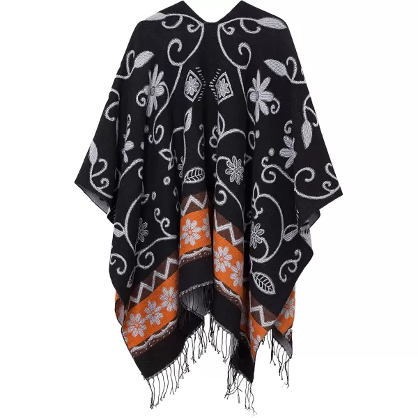 Urban CoCo Womens Printed Tassel Open front Poncho Cape Cardigan Wrap ShawlBlack
