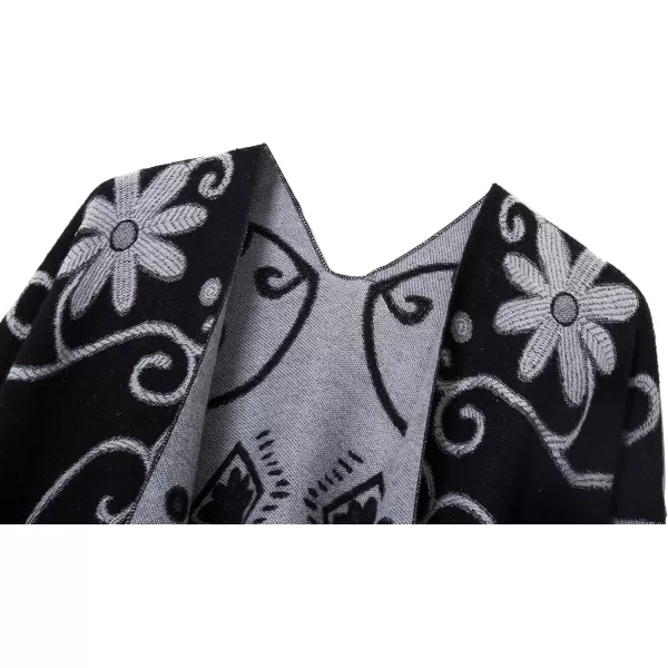 Urban CoCo Womens Printed Tassel Open front Poncho Cape Cardigan Wrap ShawlBlack