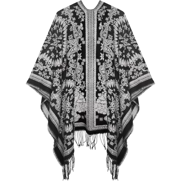 Urban CoCo Womens Printed Tassel Open front Poncho Cape Cardigan Wrap ShawlSeries 18black