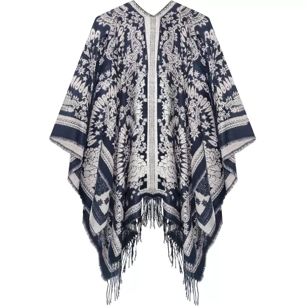Urban CoCo Womens Printed Tassel Open front Poncho Cape Cardigan Wrap ShawlSeries 18navy Blue