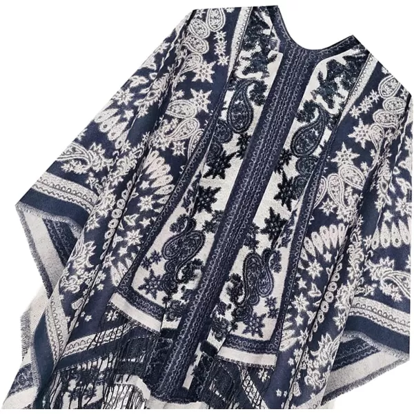 Urban CoCo Womens Printed Tassel Open front Poncho Cape Cardigan Wrap ShawlSeries 18navy Blue