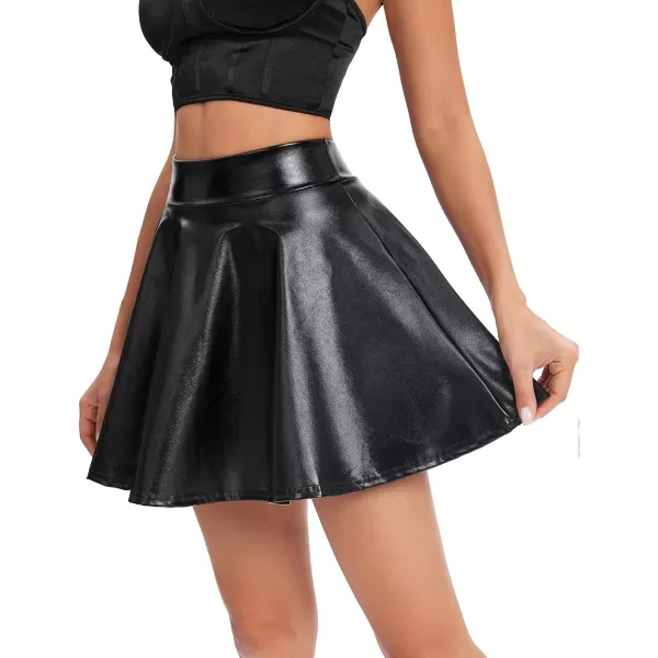 Urban CoCo Womens Shiny Flared Pleated Mini Skater SkirtBlack