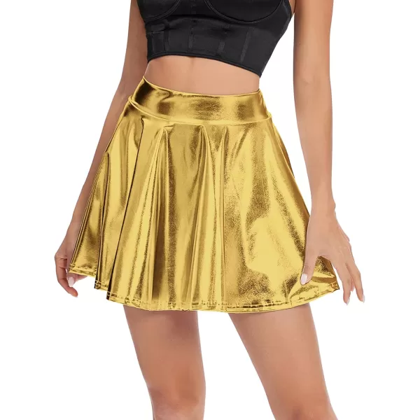 Urban CoCo Womens Shiny Flared Pleated Mini Skater SkirtGold