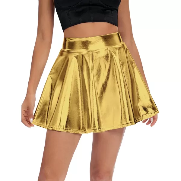 Urban CoCo Womens Shiny Flared Pleated Mini Skater SkirtGold