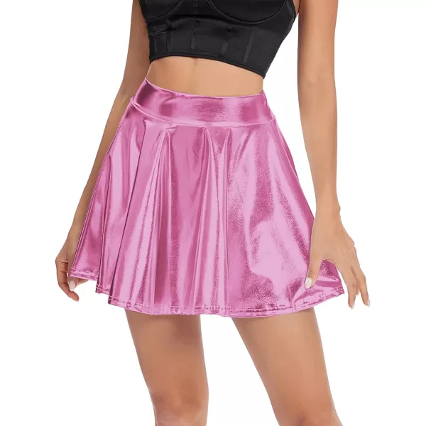 Urban CoCo Womens Shiny Flared Pleated Mini Skater SkirtPink