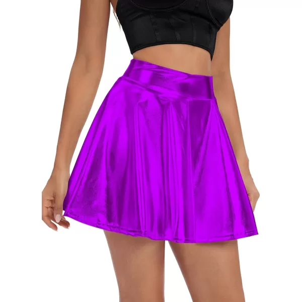 Urban CoCo Womens Shiny Flared Pleated Mini Skater SkirtPurple