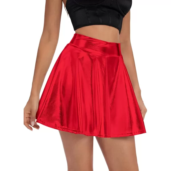 Urban CoCo Womens Shiny Flared Pleated Mini Skater SkirtRed