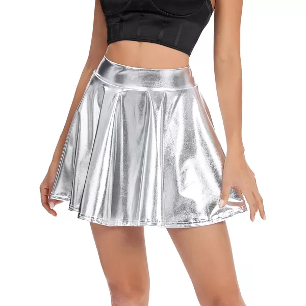Urban CoCo Womens Shiny Flared Pleated Mini Skater SkirtSilver