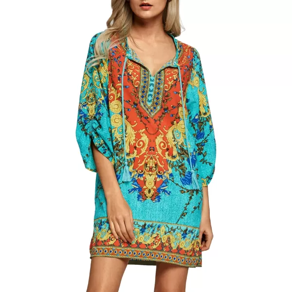 Women Bohemian Neck Tie Vintage Printed Ethnic Style Summer Shift DressPattern 1