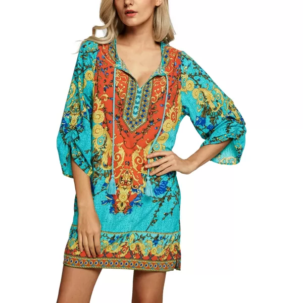 Women Bohemian Neck Tie Vintage Printed Ethnic Style Summer Shift DressPattern 1