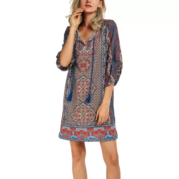Women Bohemian Neck Tie Vintage Printed Ethnic Style Summer Shift DressPattern 11