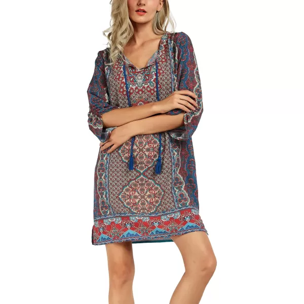 Women Bohemian Neck Tie Vintage Printed Ethnic Style Summer Shift DressPattern 11