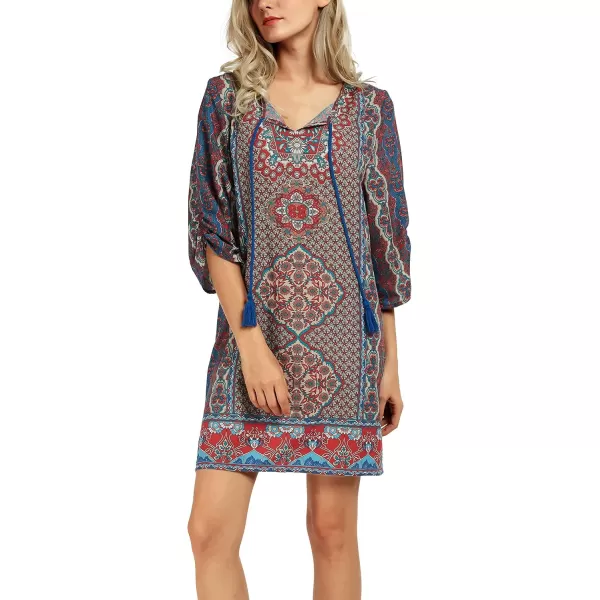 Women Bohemian Neck Tie Vintage Printed Ethnic Style Summer Shift DressPattern 11