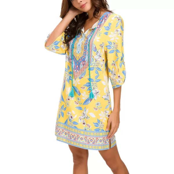 Women Bohemian Neck Tie Vintage Printed Ethnic Style Summer Shift DressPattern 13
