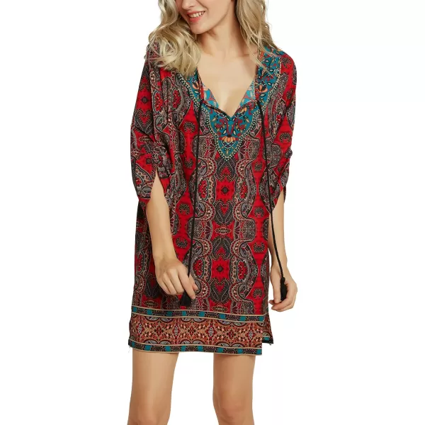 Women Bohemian Neck Tie Vintage Printed Ethnic Style Summer Shift DressPattern 15