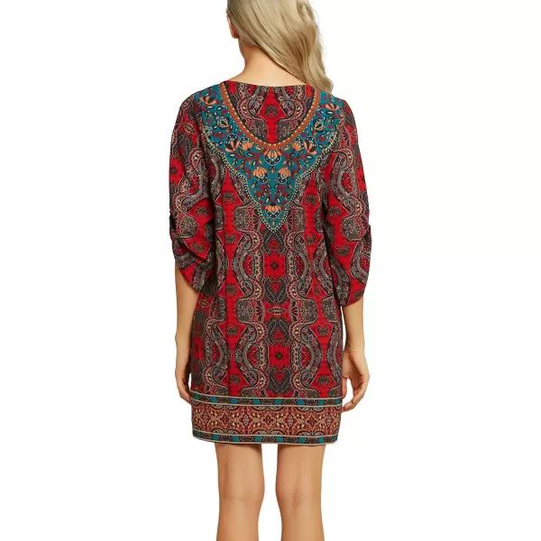 Women Bohemian Neck Tie Vintage Printed Ethnic Style Summer Shift DressPattern 15