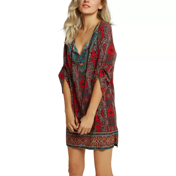 Women Bohemian Neck Tie Vintage Printed Ethnic Style Summer Shift DressPattern 15