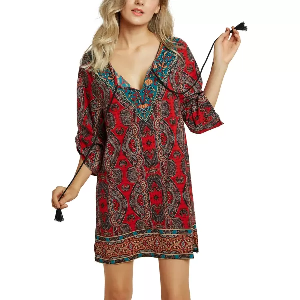 Women Bohemian Neck Tie Vintage Printed Ethnic Style Summer Shift DressPattern 15