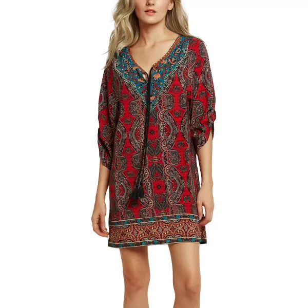Women Bohemian Neck Tie Vintage Printed Ethnic Style Summer Shift DressPattern 15