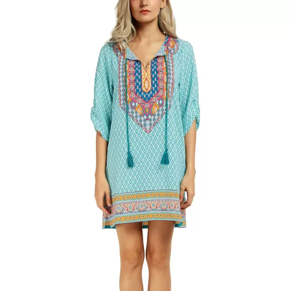 Women Bohemian Neck Tie Vintage Printed Ethnic Style Summer Shift DressPattern 18