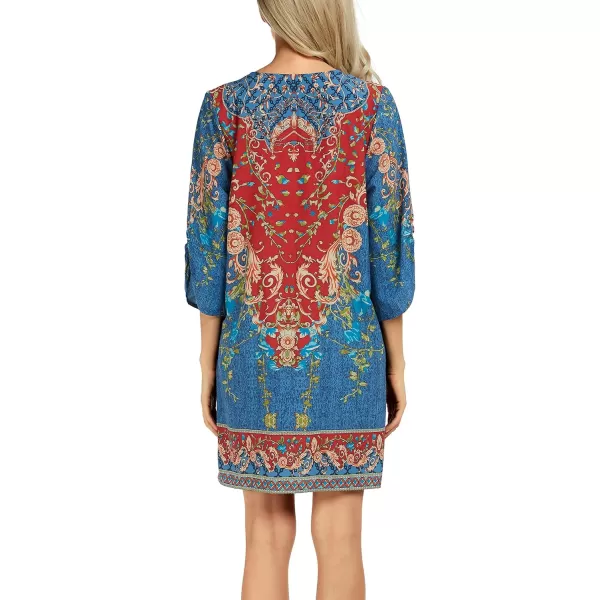 Women Bohemian Neck Tie Vintage Printed Ethnic Style Summer Shift DressPattern 2