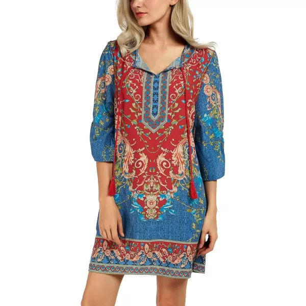 Women Bohemian Neck Tie Vintage Printed Ethnic Style Summer Shift DressPattern 2