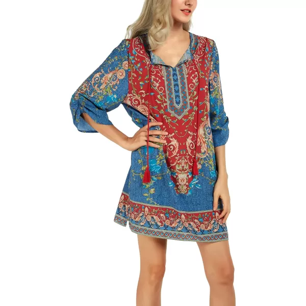 Women Bohemian Neck Tie Vintage Printed Ethnic Style Summer Shift DressPattern 2