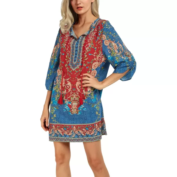 Women Bohemian Neck Tie Vintage Printed Ethnic Style Summer Shift DressPattern 2
