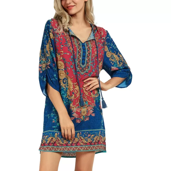 Women Bohemian Neck Tie Vintage Printed Ethnic Style Summer Shift DressPattern 3