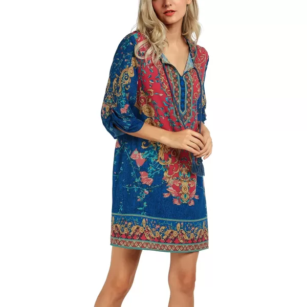 Women Bohemian Neck Tie Vintage Printed Ethnic Style Summer Shift DressPattern 3