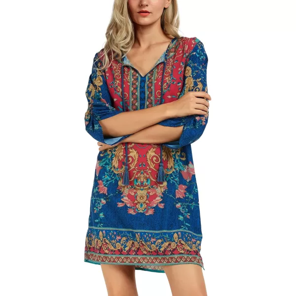 Women Bohemian Neck Tie Vintage Printed Ethnic Style Summer Shift DressPattern 3