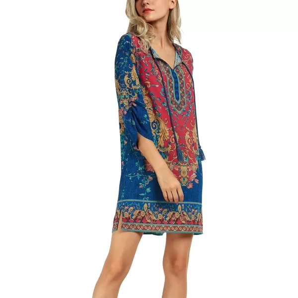 Women Bohemian Neck Tie Vintage Printed Ethnic Style Summer Shift DressPattern 3