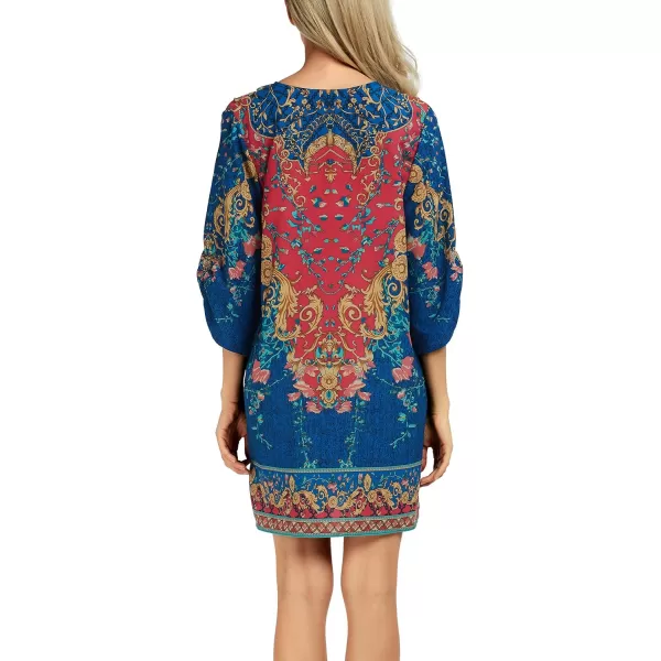 Women Bohemian Neck Tie Vintage Printed Ethnic Style Summer Shift DressPattern 3