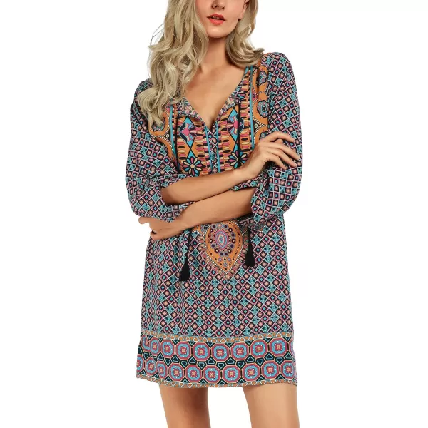 Women Bohemian Neck Tie Vintage Printed Ethnic Style Summer Shift DressPattern 5