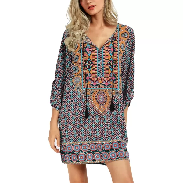 Women Bohemian Neck Tie Vintage Printed Ethnic Style Summer Shift DressPattern 5
