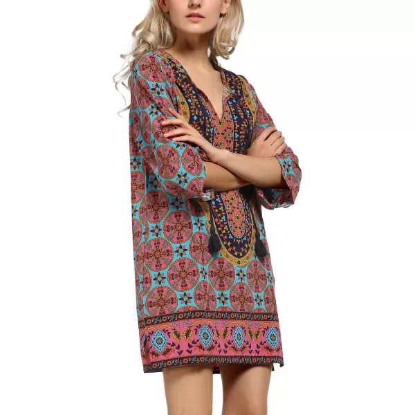 Women Bohemian Neck Tie Vintage Printed Ethnic Style Summer Shift DressPattern 6
