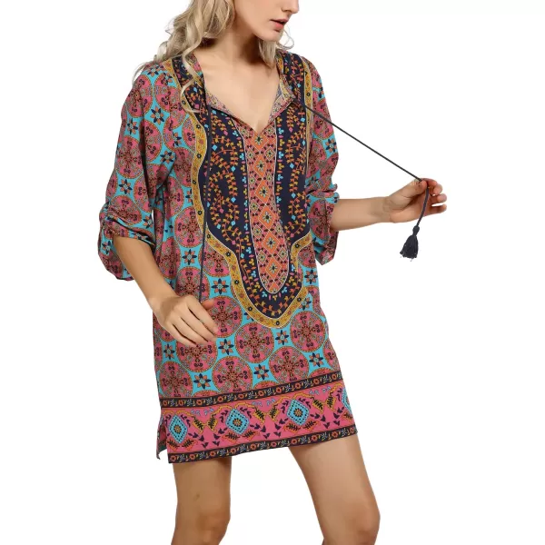 Women Bohemian Neck Tie Vintage Printed Ethnic Style Summer Shift DressPattern 6