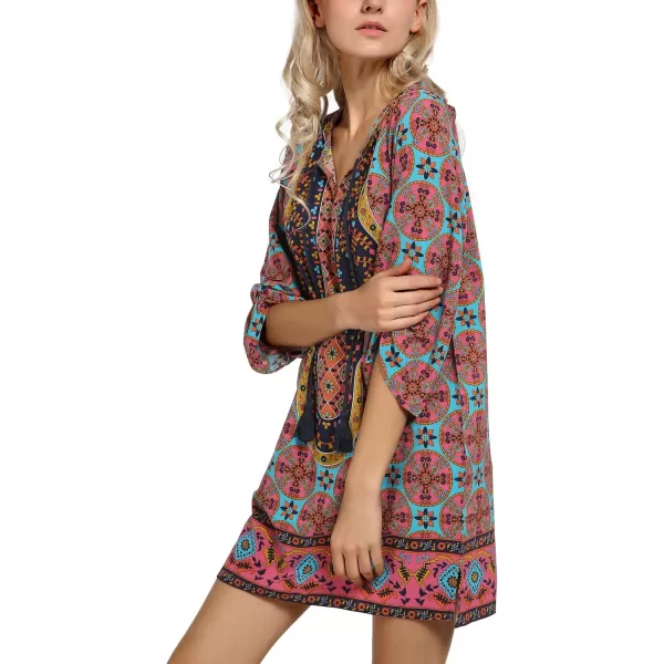 Women Bohemian Neck Tie Vintage Printed Ethnic Style Summer Shift DressPattern 6