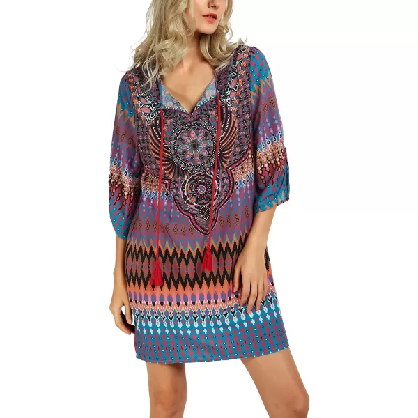 Women Bohemian Neck Tie Vintage Printed Ethnic Style Summer Shift DressPattern 7