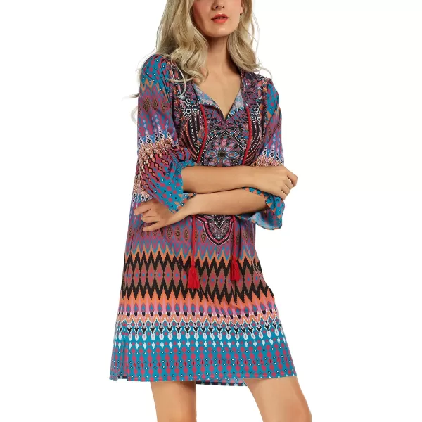 Women Bohemian Neck Tie Vintage Printed Ethnic Style Summer Shift DressPattern 7