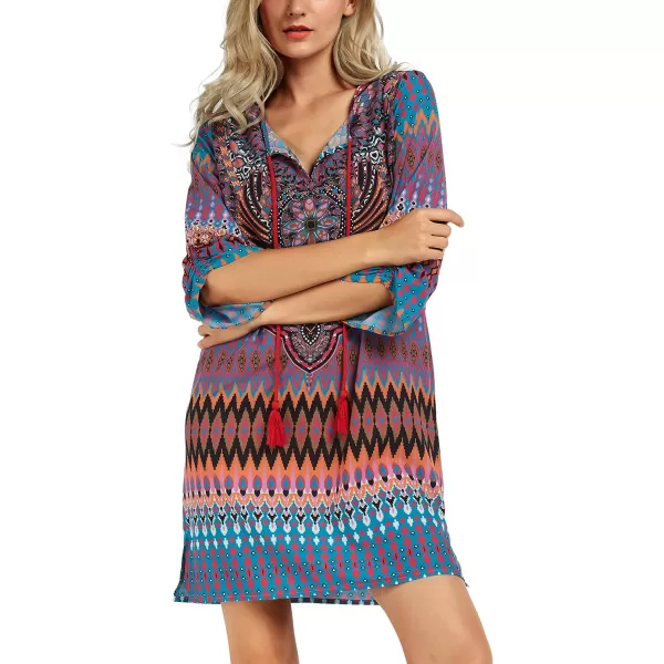 Women Bohemian Neck Tie Vintage Printed Ethnic Style Summer Shift DressPattern 7